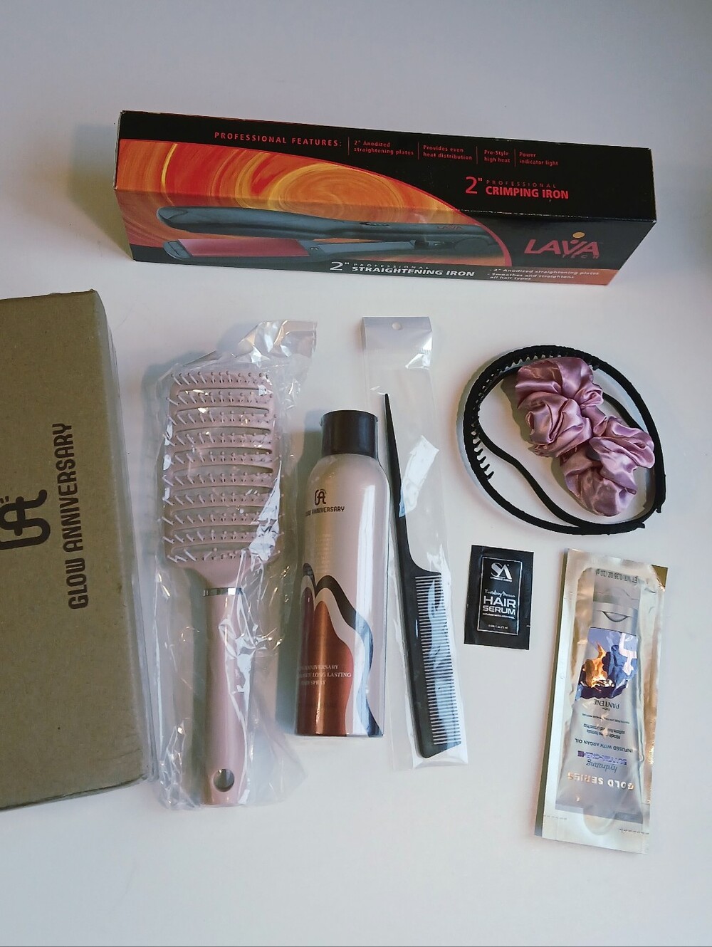 Styling Bundle! Flat Iron, Brush/Comb, Hair Spray, Scrunchie, Serum & Headbands